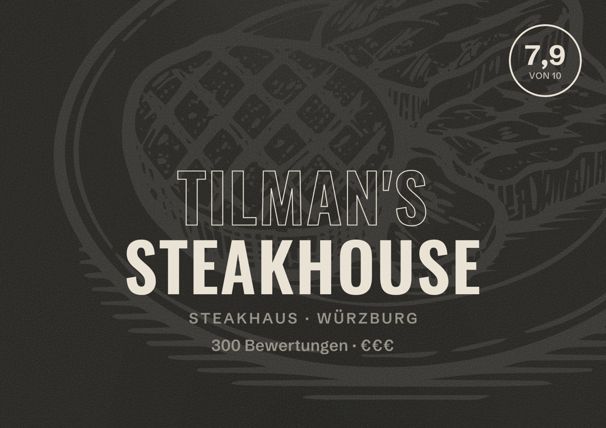 Illustriertes Poster von Tilman's Steakhouse, Steakhaus in Würzburg: Bewertung 7,9 von 10 aus 300 Bewertungen, Preisniveau €€€