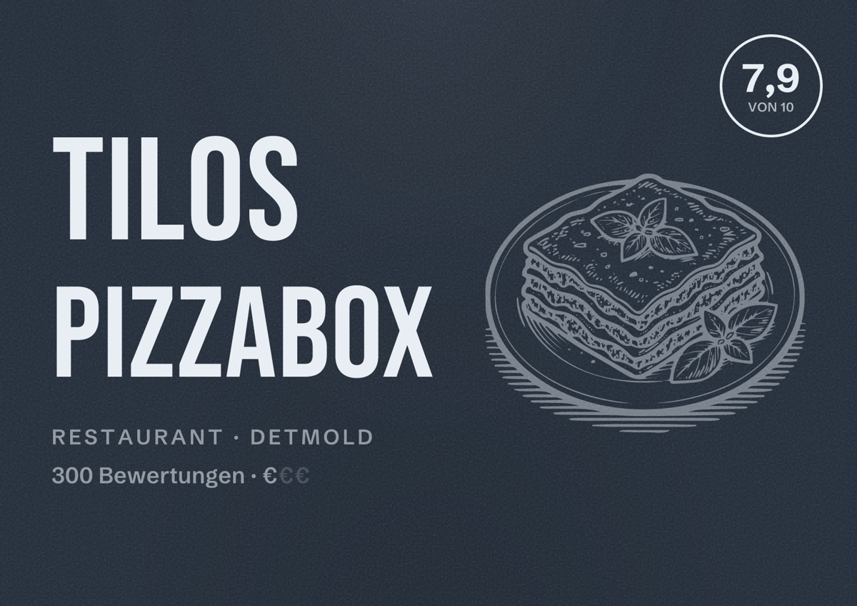 Illustriertes Poster von Tilos Pizzabox, Restaurant in Detmold: Bewertung 7,9 von 10 aus 300 Bewertungen, Preisniveau €