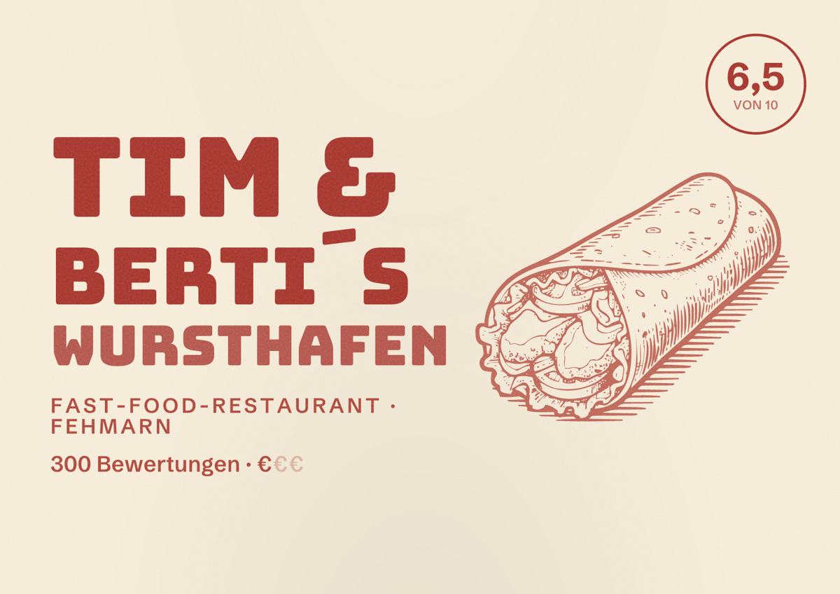 Illustriertes Poster von Tim & Berti´s Wursthafen, Fast-Food-Restaurant in Fehmarn: Bewertung 6,5 von 10 aus 300 Bewertungen, Preisniveau €
