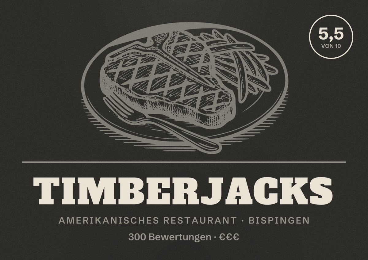 Illustriertes Poster von Timberjacks, Amerikanisches Restaurant in Bispingen: Bewertung 5,5 von 10 aus 300 Bewertungen, Preisniveau €€€