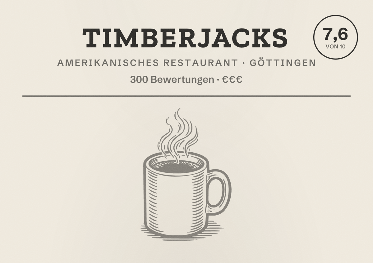 Illustriertes Poster von Timberjacks, Amerikanisches Restaurant in Göttingen: Bewertung 7,6 von 10 aus 300 Bewertungen, Preisniveau €€€