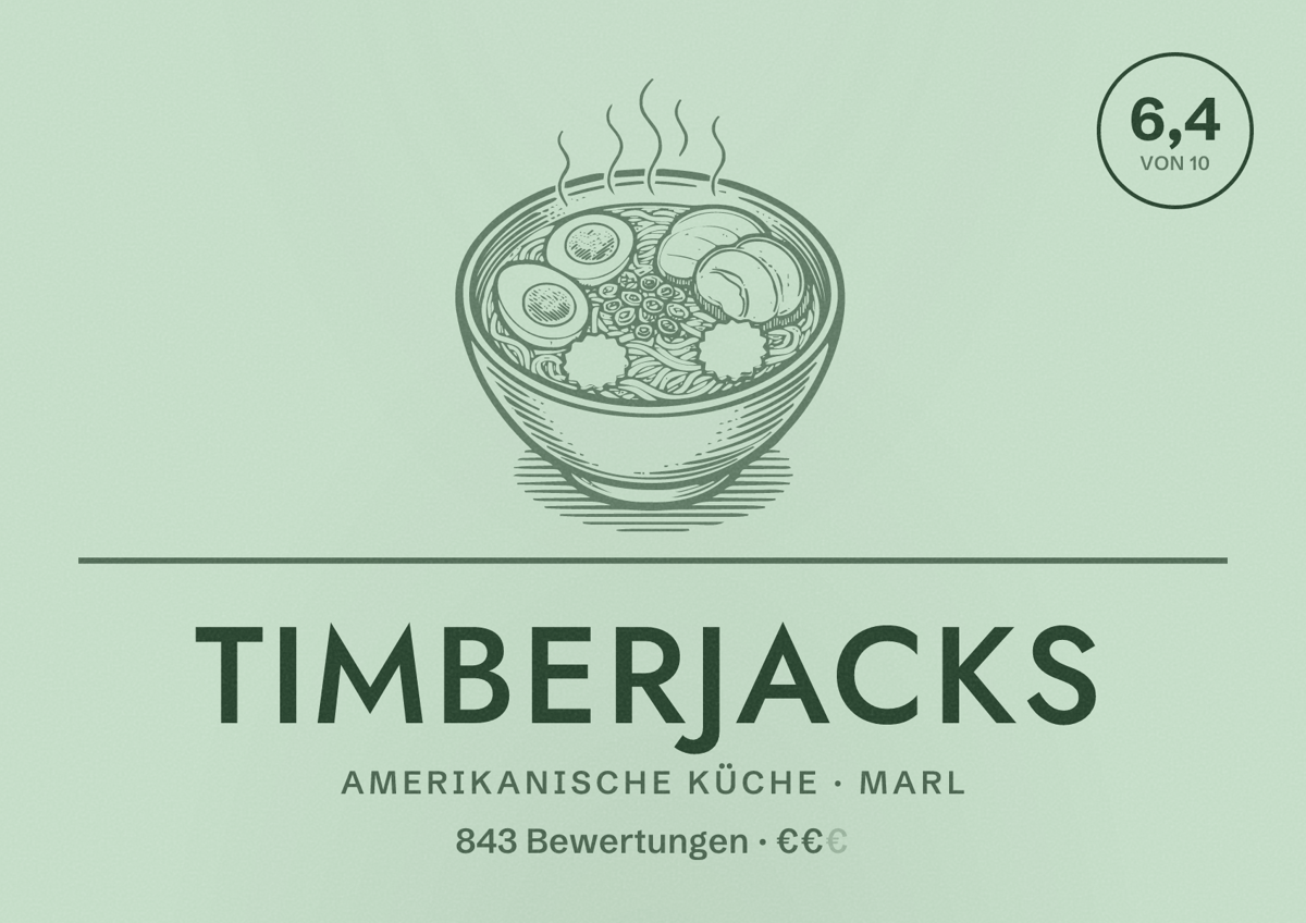 Illustriertes Poster von Timberjacks, Amerikanische Küche in Marl: Bewertung 6,4 von 10 aus 843 Bewertungen, Preisniveau €€