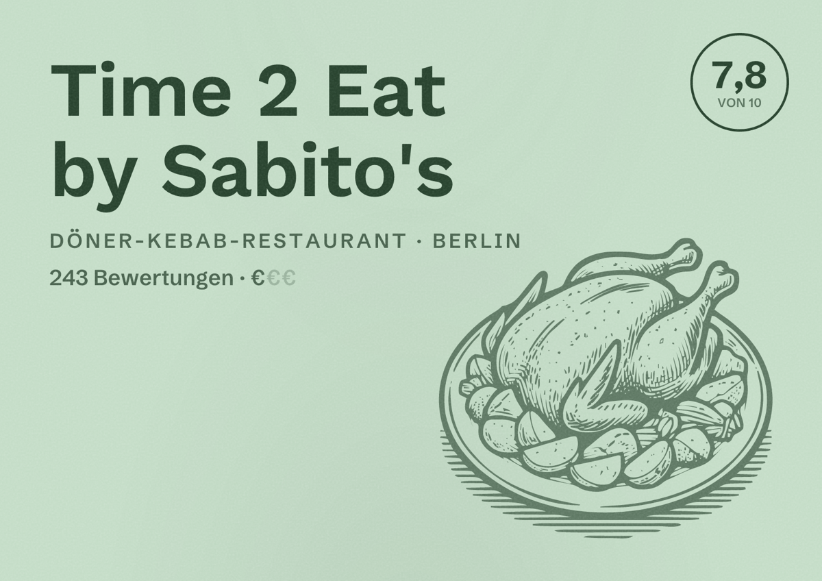 Illustriertes Poster von Time 2 Eat by Sabito's, Döner-Kebab-Restaurant in Berlin: Bewertung 7,8 von 10 aus 243 Bewertungen, Preisniveau €
