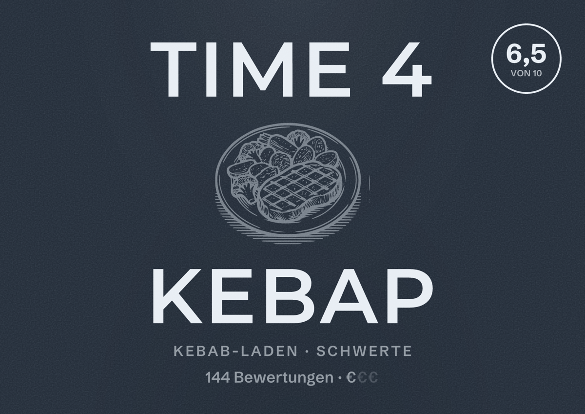 Illustriertes Poster von Time 4 Kebap, Kebab-Laden in Schwerte: Bewertung 6,5 von 10 aus 144 Bewertungen, Preisniveau €