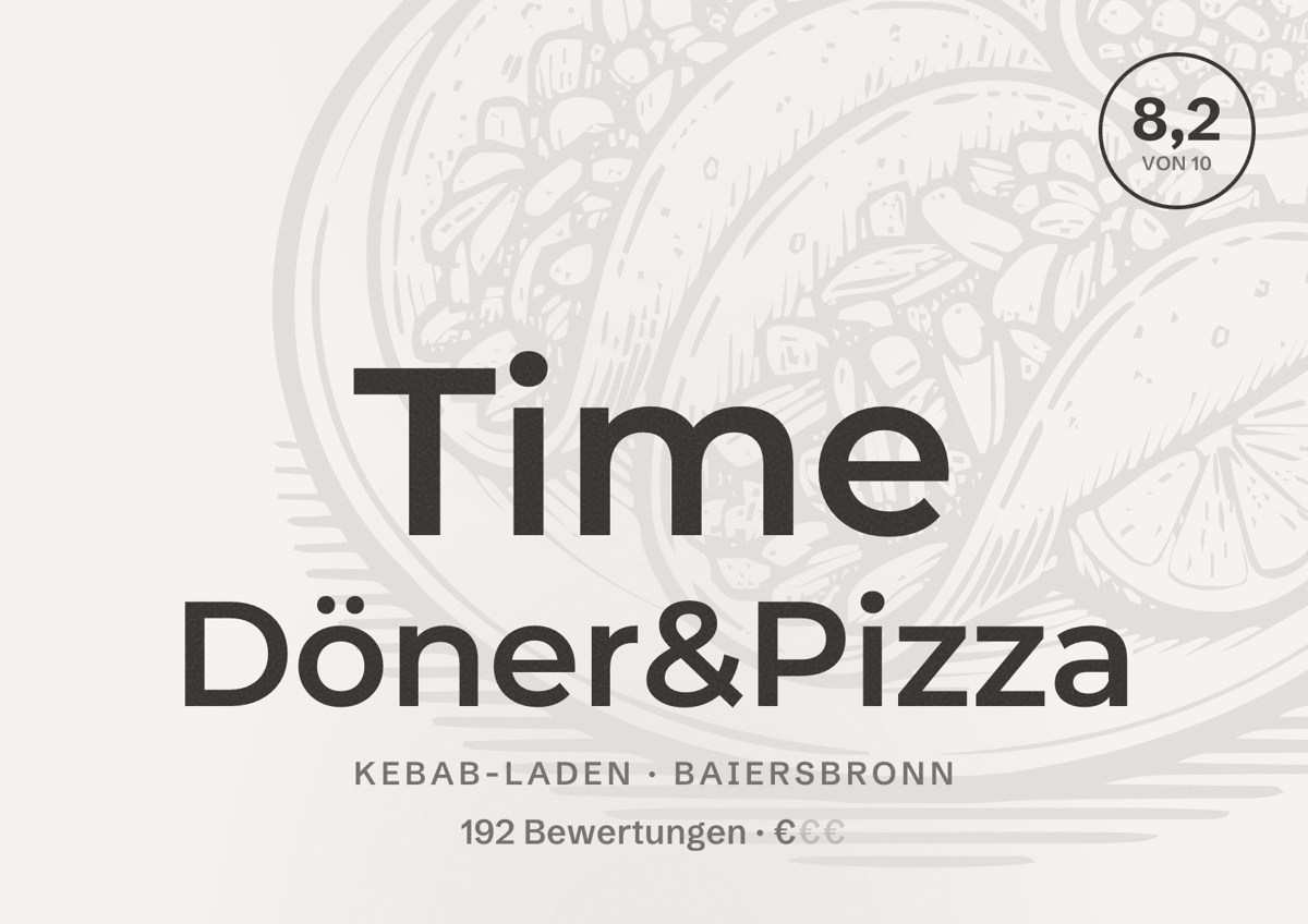 Illustriertes Poster von Time Döner&Pizza, Kebab-Laden in Baiersbronn: Bewertung 8,2 von 10 aus 192 Bewertungen, Preisniveau €