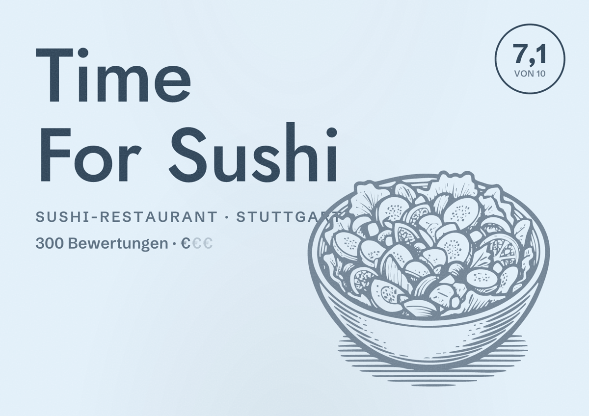 Illustriertes Poster von Time For Sushi, Sushi-Restaurant in Stuttgart: Bewertung 7,1 von 10 aus 300 Bewertungen, Preisniveau €