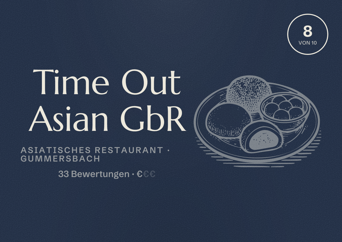 Illustriertes Poster von Time Out Asian GbR, Asiatisches Restaurant in Gummersbach: Bewertung 8 von 10 aus 33 Bewertungen, Preisniveau €