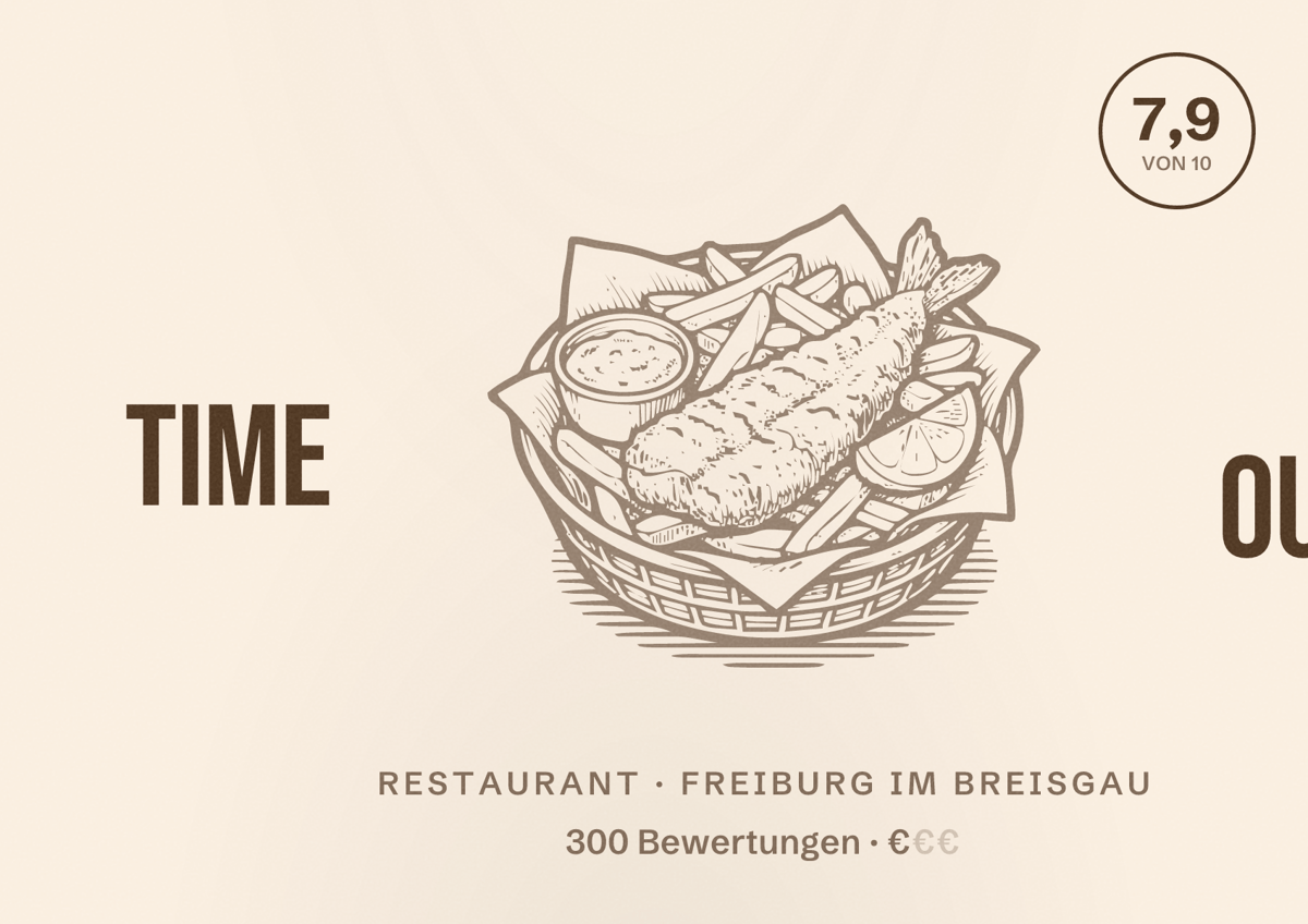 Illustriertes Poster von time out, Restaurant in Freiburg im Breisgau: Bewertung 7,9 von 10 aus 300 Bewertungen, Preisniveau €