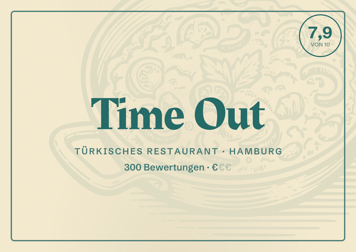 Illustriertes Poster von Time Out, Türkisches Restaurant in Hamburg: Bewertung 7,9 von 10 aus 300 Bewertungen, Preisniveau €
