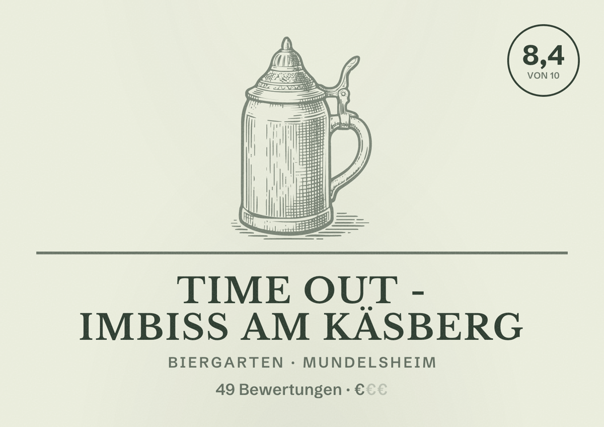 Illustriertes Poster von Time Out - Imbiss Am Käsberg, Biergarten in Mundelsheim: Bewertung 8,4 von 10 aus 49 Bewertungen, Preisniveau €