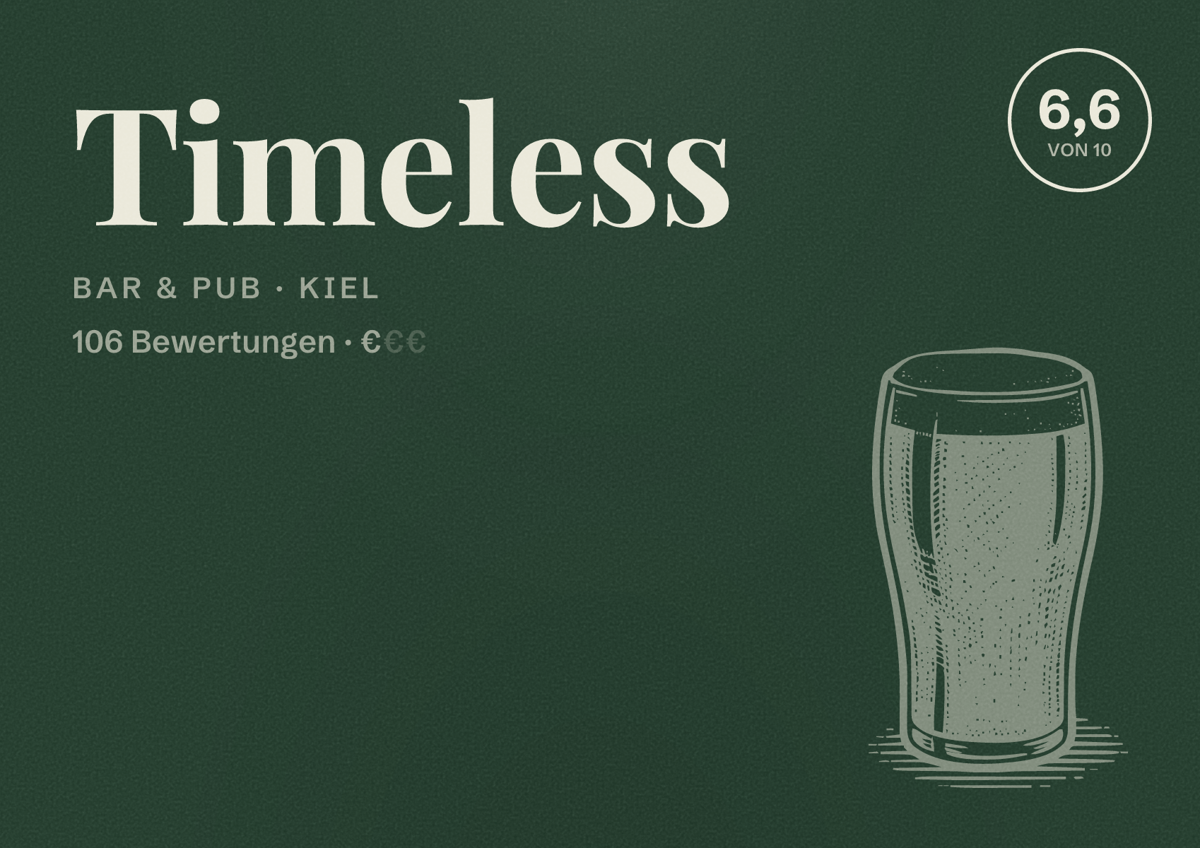 Illustriertes Poster von Timeless, Bar & Pub in Kiel: Bewertung 6,6 von 10 aus 106 Bewertungen, Preisniveau €
