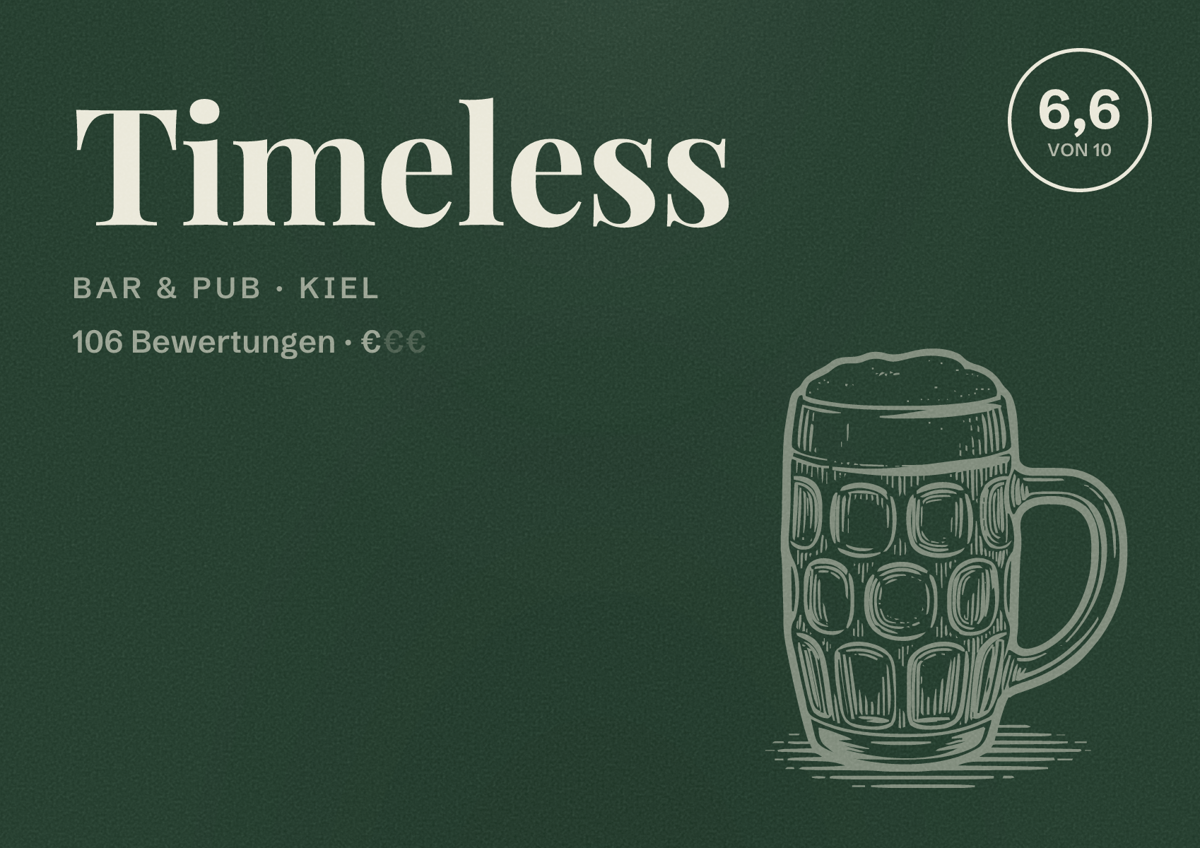 Illustriertes Poster von Timeless, Bar & Pub in Kiel: Bewertung 6,6 von 10 aus 106 Bewertungen, Preisniveau €