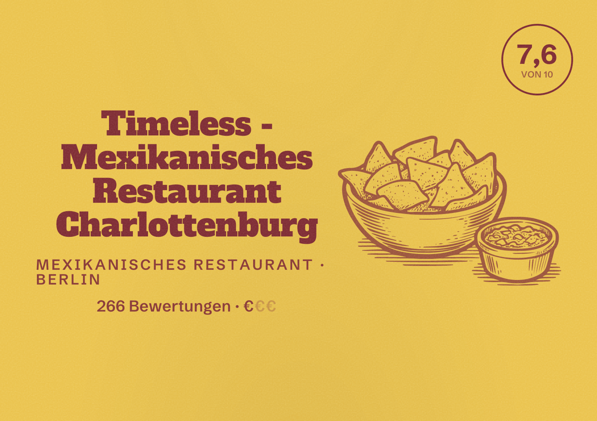 Illustriertes Poster von Timeless - Mexikanisches Restaurant Charlottenburg, Mexikanisches Restaurant in Berlin: Bewertung 7,6 von 10 aus 266 Bewertungen, Preisniveau €