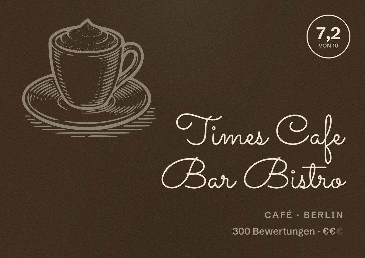 Illustriertes Poster von Times Cafe Bar Bistro, Café in Berlin: Bewertung 7,2 von 10 aus 300 Bewertungen, Preisniveau €€