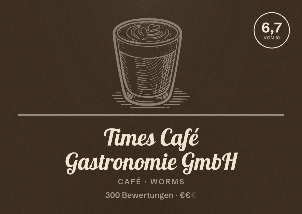Illustriertes Poster von Times Café Gastronomie GmbH, Café in Worms: Bewertung 6,7 von 10 aus 300 Bewertungen, Preisniveau €€