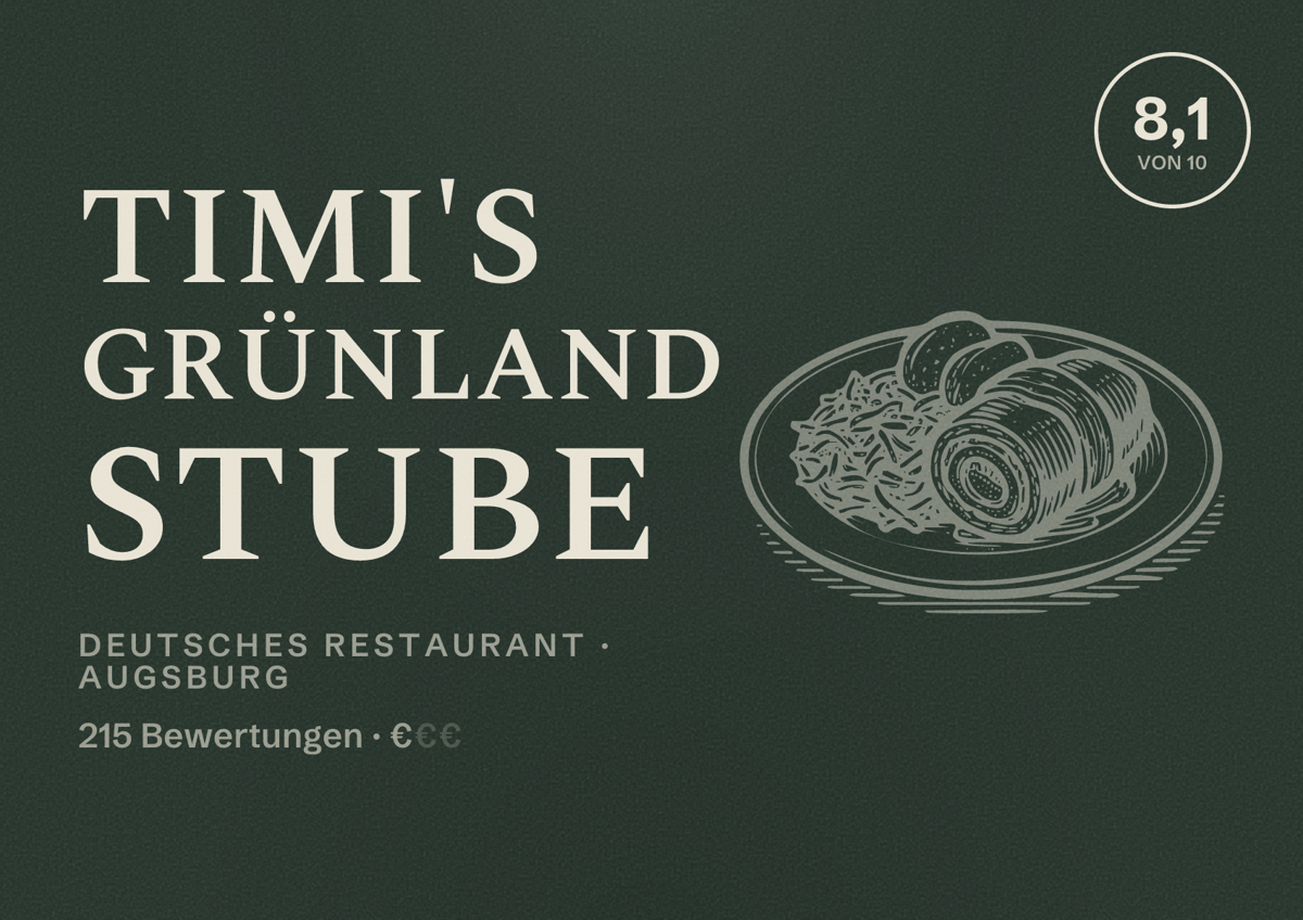 Illustriertes Poster von Timi's Grünland Stube, Deutsches Restaurant in Augsburg: Bewertung 8,1 von 10 aus 215 Bewertungen, Preisniveau €