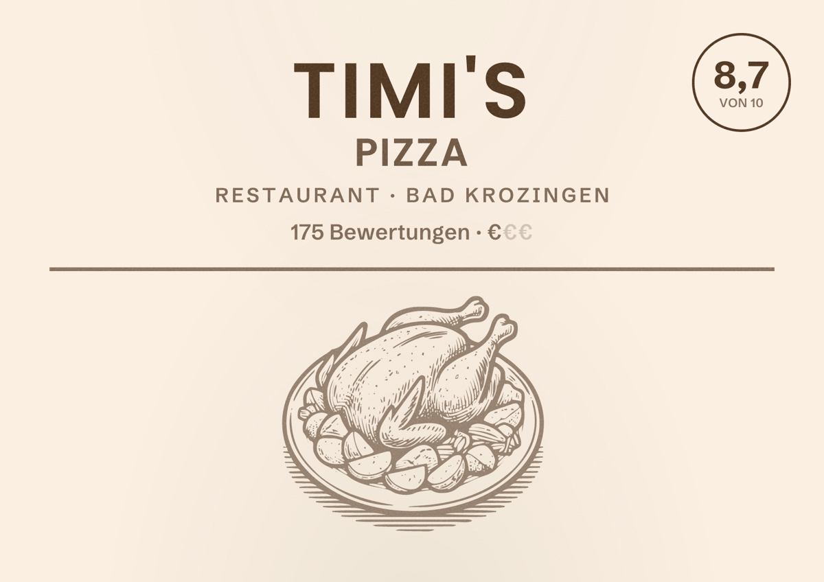 Illustriertes Poster von Timi's Pizza, Restaurant in Bad Krozingen: Bewertung 8,7 von 10 aus 175 Bewertungen, Preisniveau €