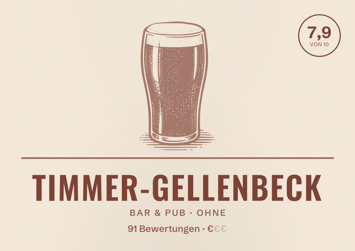 Illustriertes Poster von Timmer-Gellenbeck, Bar & Pub in Ohne: Bewertung 7,9 von 10 aus 91 Bewertungen, Preisniveau €