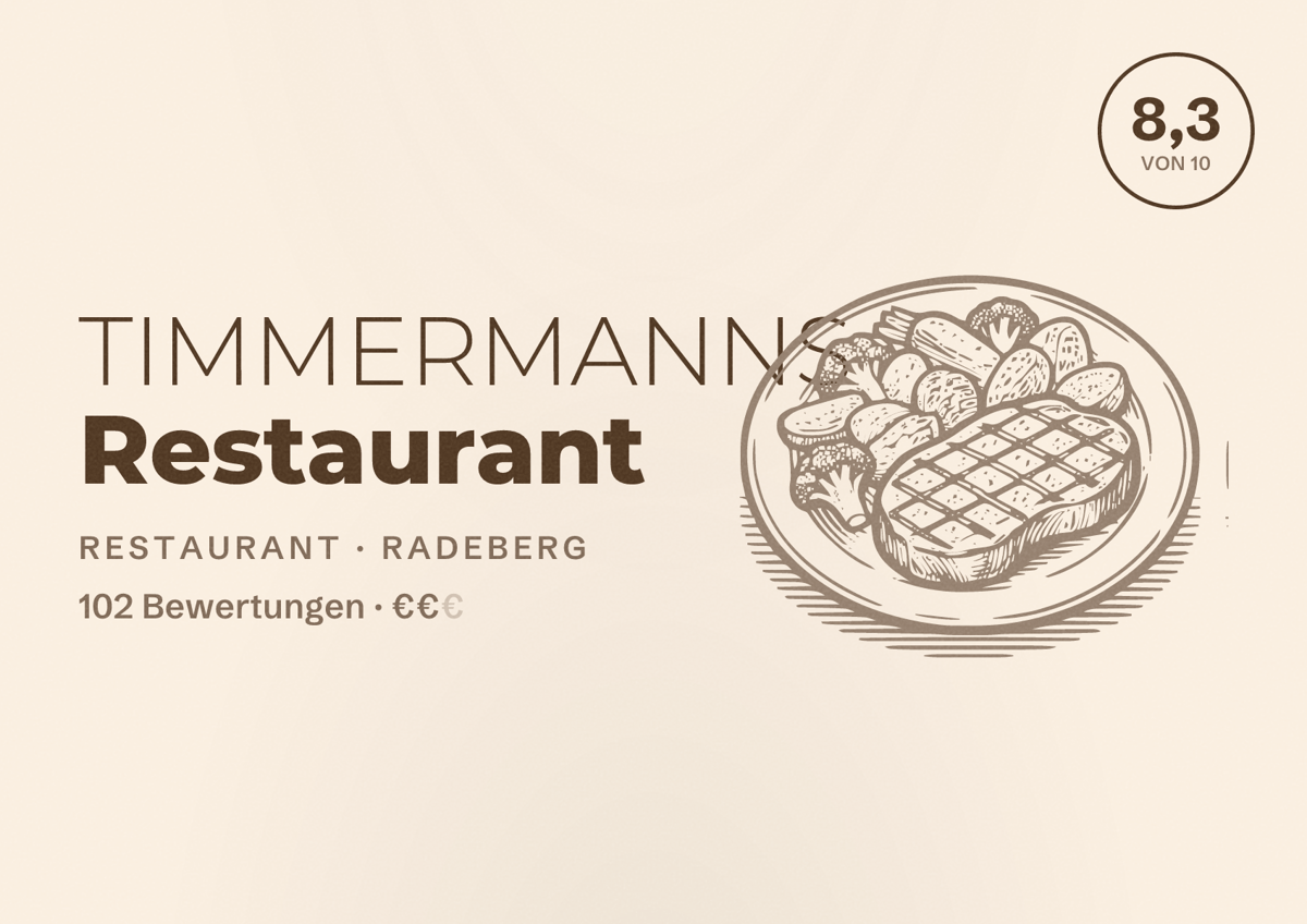 Illustriertes Poster von TIMMERMANNS Restaurant, Restaurant in Radeberg: Bewertung 8,3 von 10 aus 102 Bewertungen, Preisniveau €€