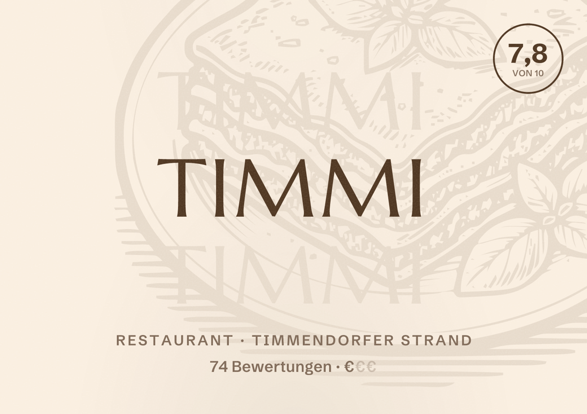 Illustriertes Poster von Timmi, Restaurant in Timmendorfer Strand: Bewertung 7,8 von 10 aus 74 Bewertungen, Preisniveau €