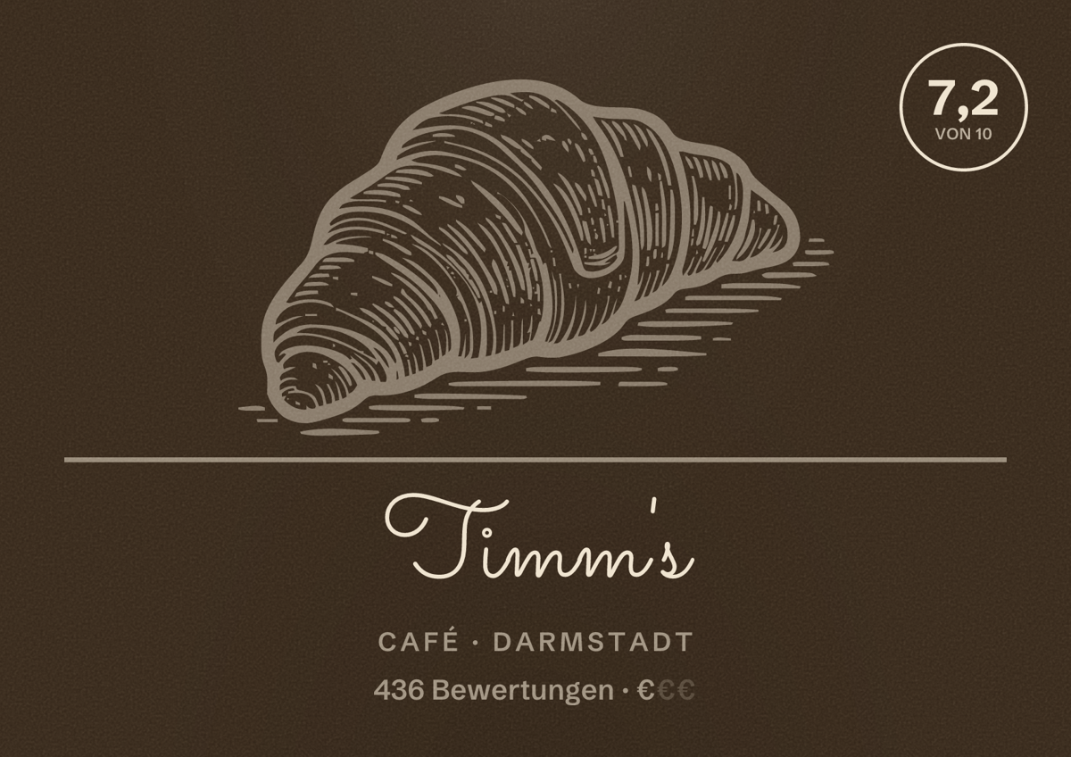 Illustriertes Poster von Timm's, Café in Darmstadt: Bewertung 7,2 von 10 aus 436 Bewertungen, Preisniveau €
