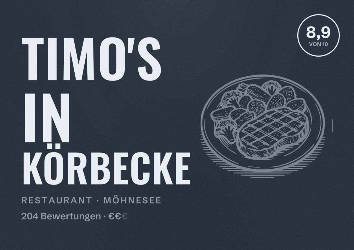 Illustriertes Poster von Timo's in Körbecke, Restaurant in Möhnesee: Bewertung 8,9 von 10 aus 204 Bewertungen, Preisniveau €€