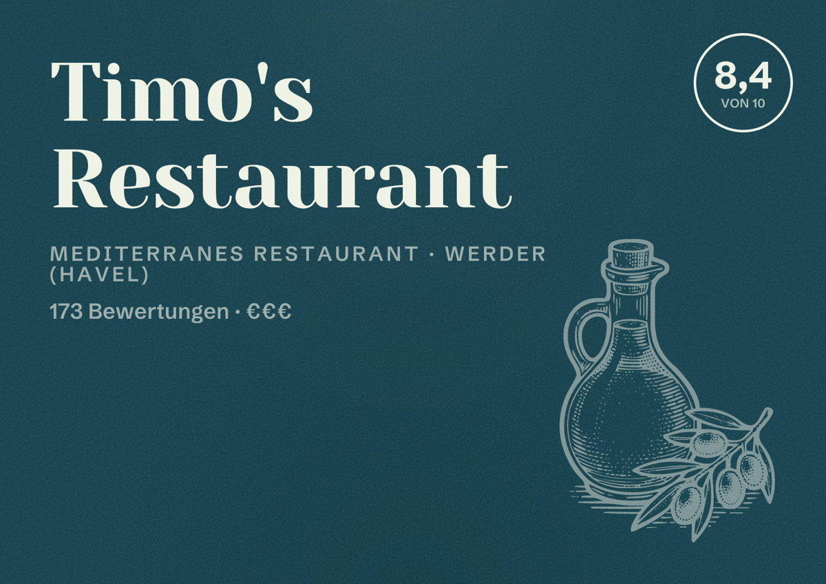 Illustriertes Poster von Timo's Restaurant, Mediterranes Restaurant in Werder (Havel): Bewertung 8,4 von 10 aus 173 Bewertungen, Preisniveau €€€