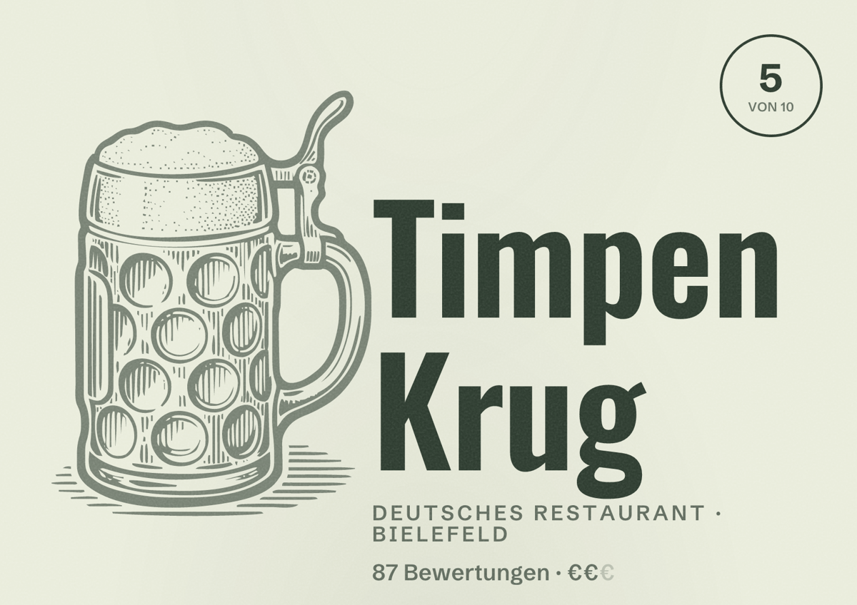 Illustriertes Poster von Timpen Krug, Deutsches Restaurant in Bielefeld: Bewertung 5 von 10 aus 87 Bewertungen, Preisniveau €€