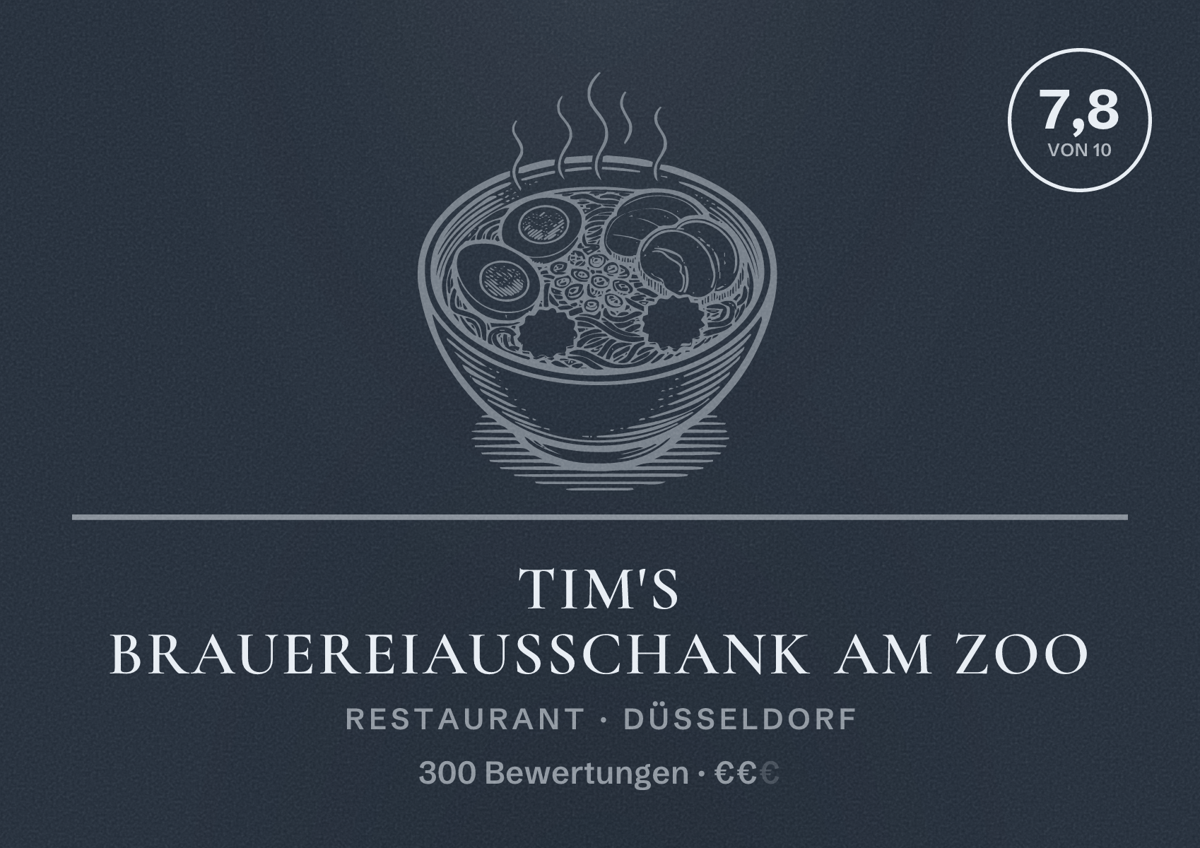 Illustriertes Poster von Tim's Brauereiausschank am Zoo, Restaurant in Düsseldorf: Bewertung 7,8 von 10 aus 300 Bewertungen, Preisniveau €€