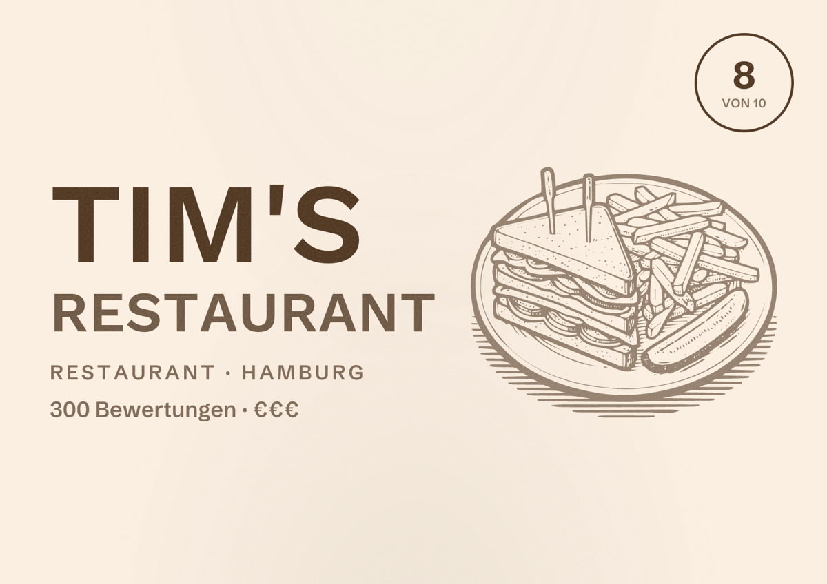 Illustriertes Poster von Tim's Restaurant, Restaurant in Hamburg: Bewertung 8,0 von 10 aus 300 Bewertungen, Preisniveau €€€