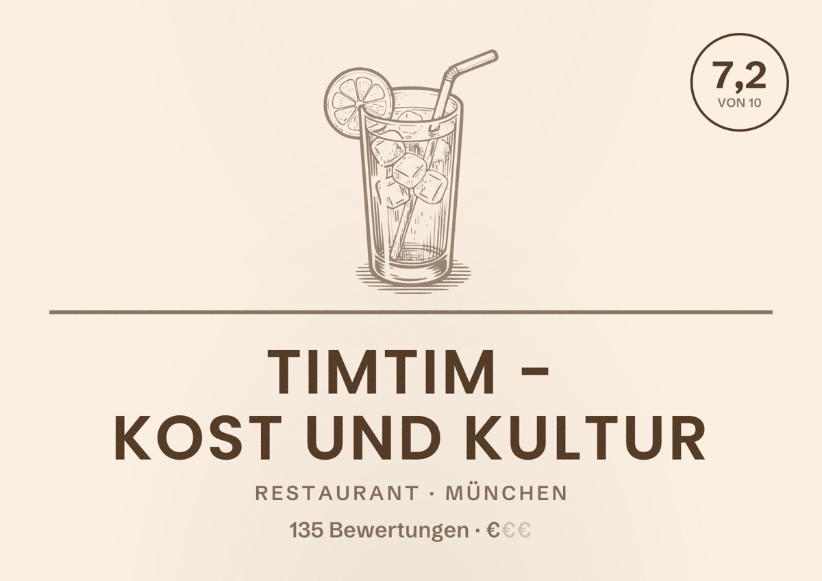 Illustriertes Poster von TIMTIM - Kost und Kultur, Restaurant in München: Bewertung 7,2 von 10 aus 135 Bewertungen, Preisniveau €