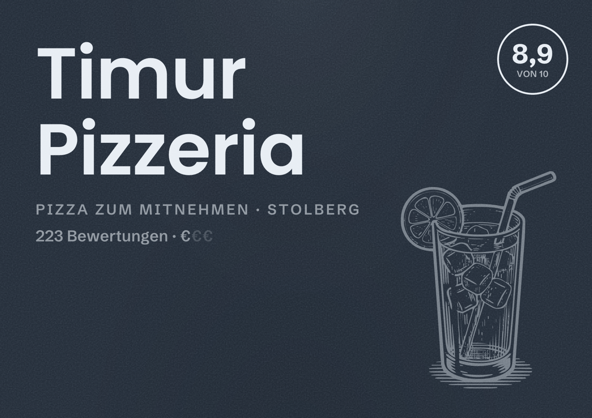 Illustriertes Poster von Timur Pizzeria, Pizza zum Mitnehmen in Stolberg: Bewertung 8,9 von 10 aus 223 Bewertungen, Preisniveau €