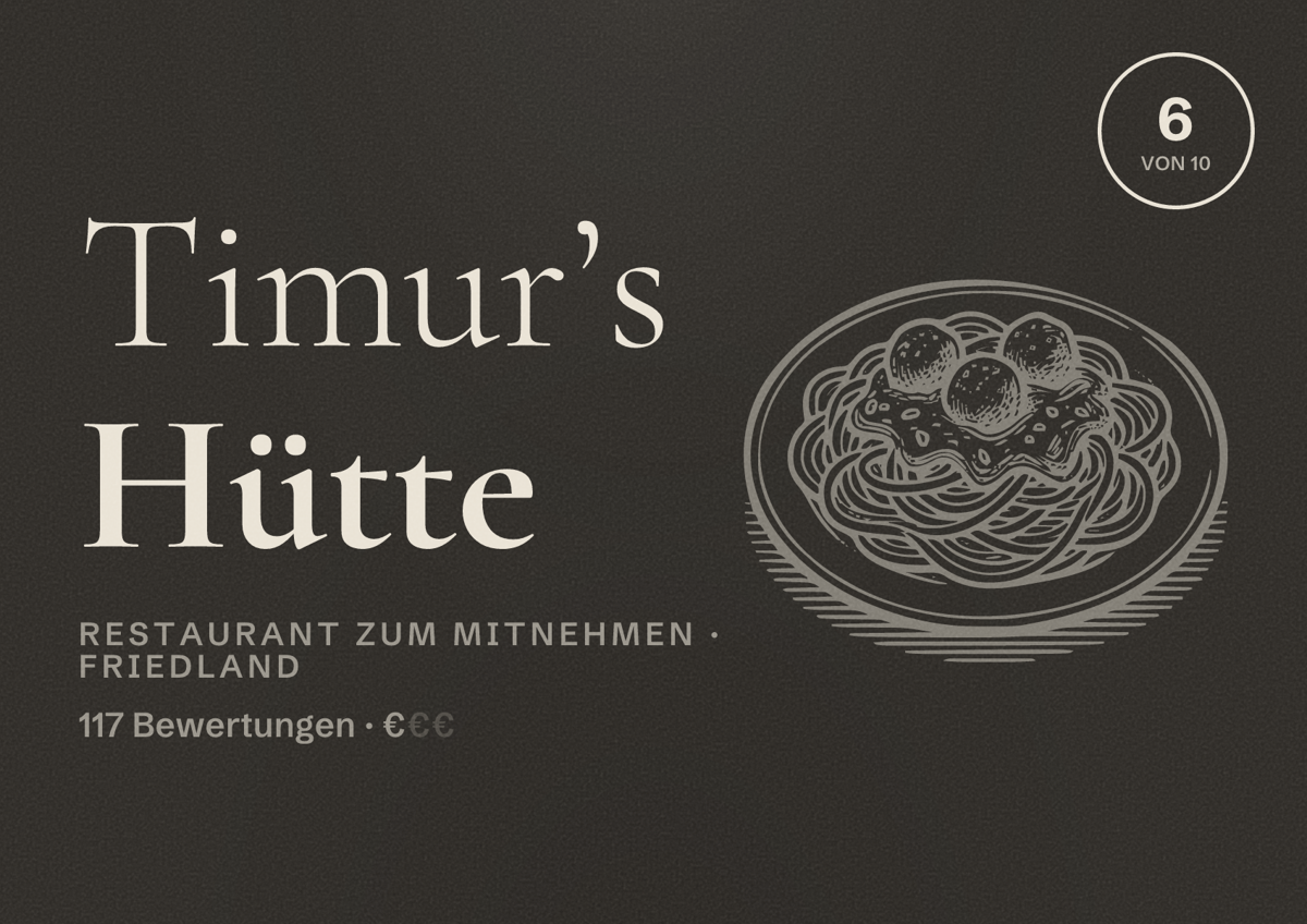 Illustriertes Poster von Timur’s Hütte, Restaurant zum Mitnehmen in Friedland: Bewertung 6 von 10 aus 117 Bewertungen, Preisniveau €