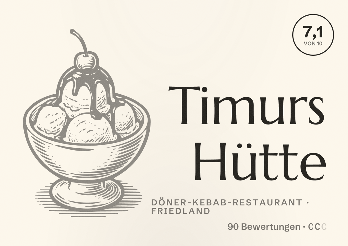 Illustriertes Poster von Timurs Hütte, Döner-Kebab-Restaurant in Friedland: Bewertung 7,1 von 10 aus 90 Bewertungen, Preisniveau €€