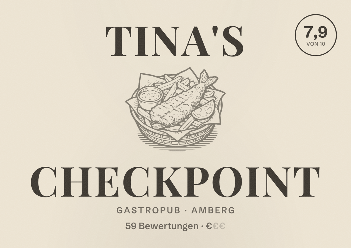 Illustriertes Poster von TINA'S CHECKPOINT, Gastropub in Amberg: Bewertung 7,9 von 10 aus 59 Bewertungen, Preisniveau €