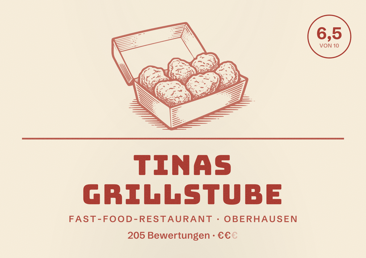 Illustriertes Poster von Tinas Grillstube, Fast-Food-Restaurant in Oberhausen: Gästebewertung 6,5 von 10 aus 205 Bewertungen
