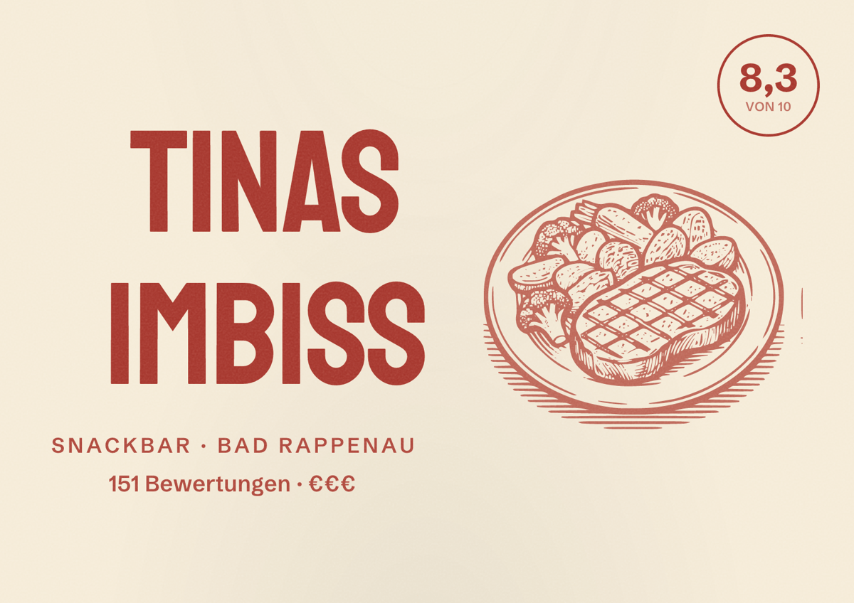 Illustriertes Poster von Tinas Imbiss, Snackbar in Bad Rappenau: Bewertung 8,3 von 10 aus 151 Bewertungen, Preisniveau €€€