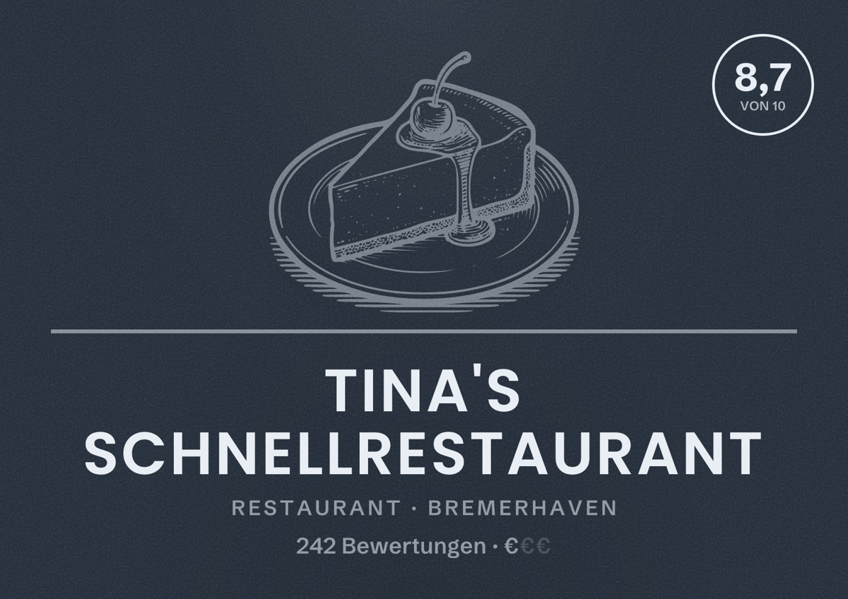 Illustriertes Poster von Tina's Schnellrestaurant, Restaurant in Bremerhaven: Bewertung 8,7 von 10 aus 242 Bewertungen, Preisniveau €