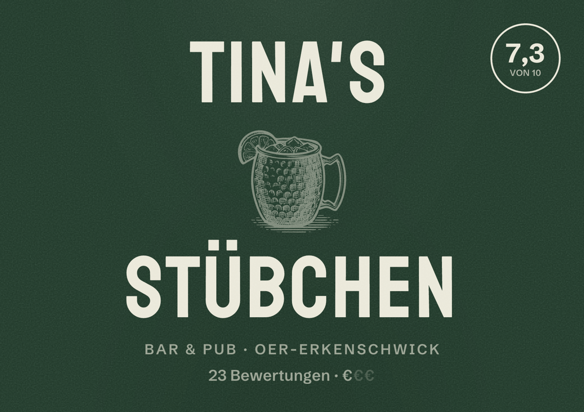 Illustriertes Poster von Tina's Stübchen, Bar & Pub in Oer-Erkenschwick: Bewertung 7,3 von 10 aus 23 Bewertungen, Preisniveau €