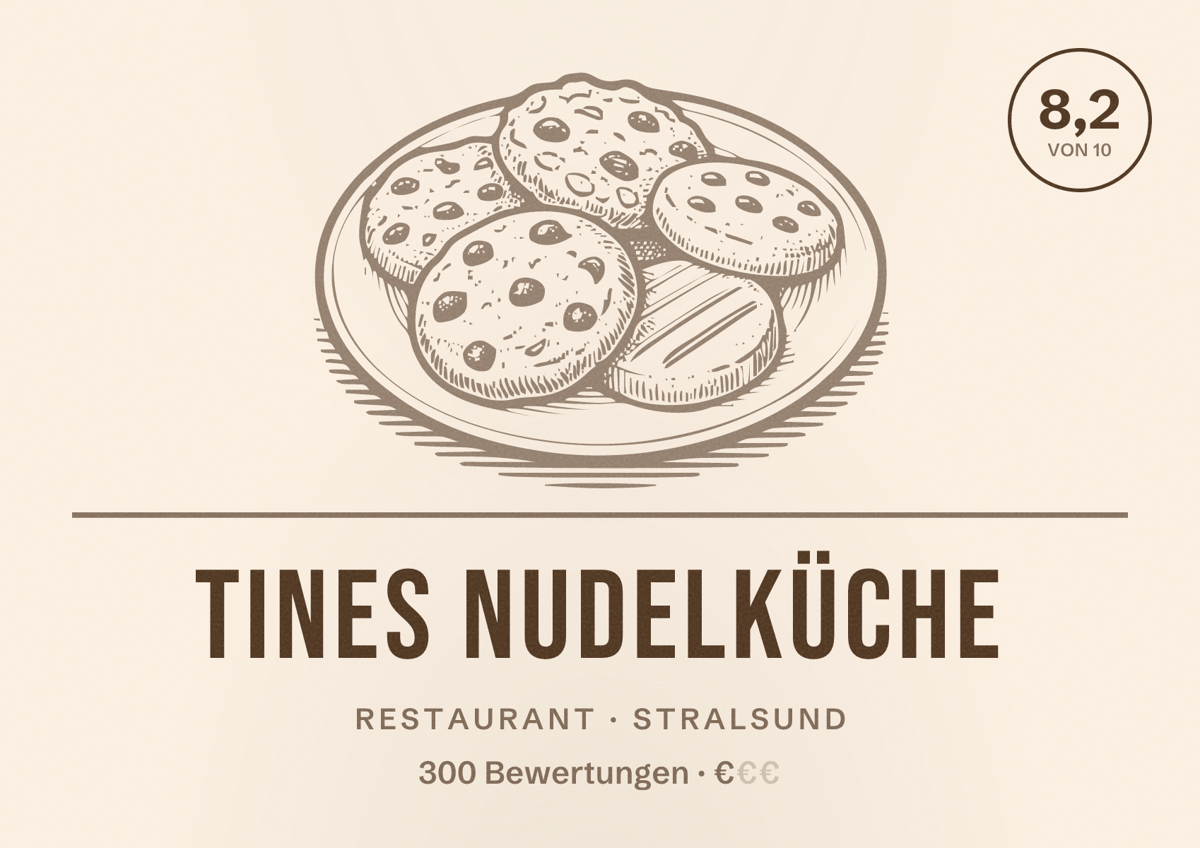 Illustriertes Poster von Tines Nudelküche, Restaurant in Stralsund: Bewertung 8,2 von 10 aus 300 Bewertungen, Preisniveau €