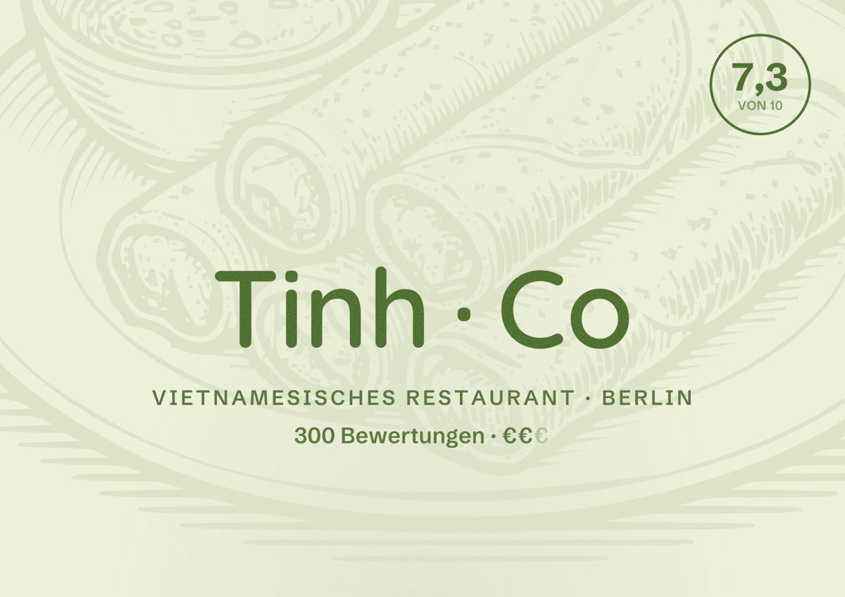 Illustriertes Poster von Tinh Co, Vietnamesisches Restaurant in Berlin: Bewertung 7,3 von 10 aus 300 Bewertungen, Preisniveau €€