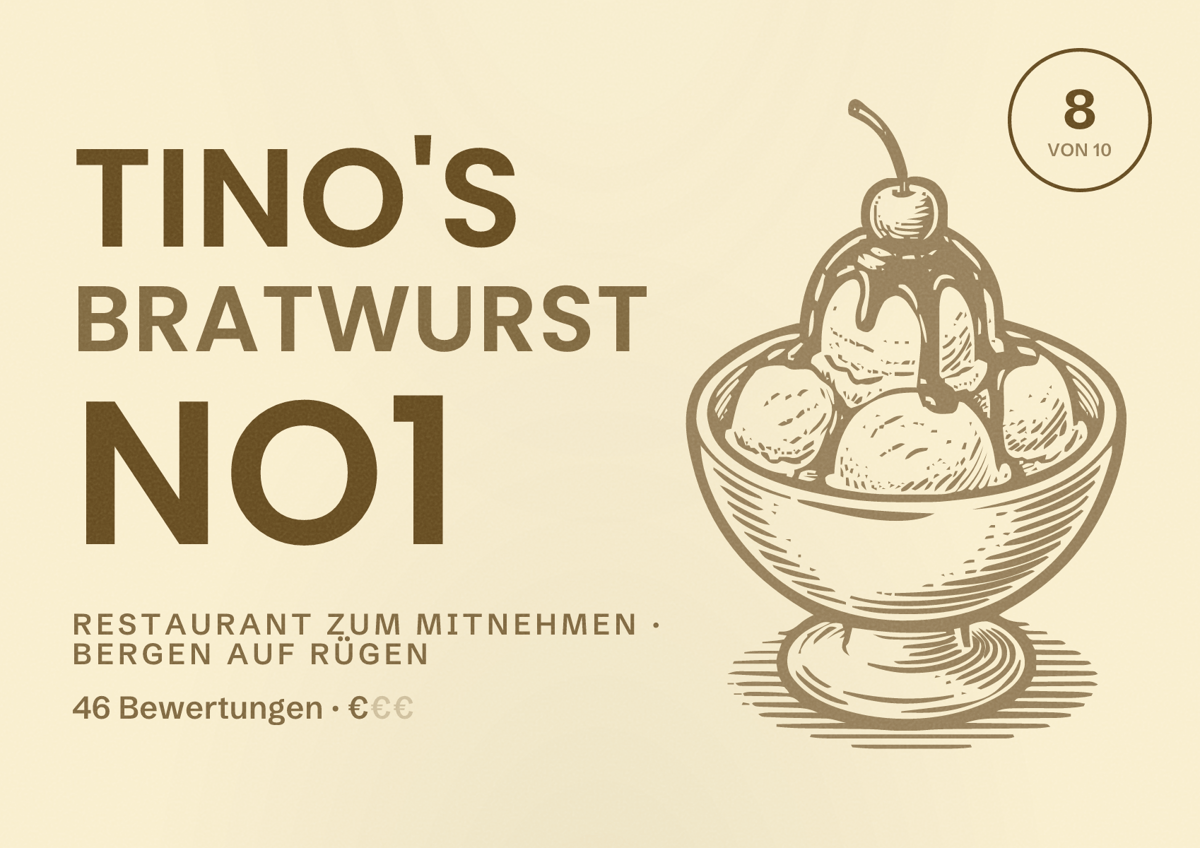 Illustriertes Poster von Tino's Bratwurst No1, Restaurant zum Mitnehmen in Bergen auf Rügen: Bewertung 8 von 10 aus 46 Bewertungen, Preisniveau €
