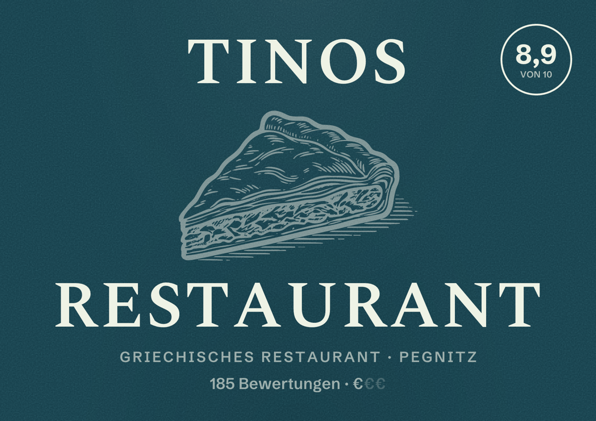Illustriertes Poster von Tinos Restaurant, Griechisches Restaurant in Pegnitz: Bewertung 8,9 von 10 aus 185 Bewertungen, Preisniveau €