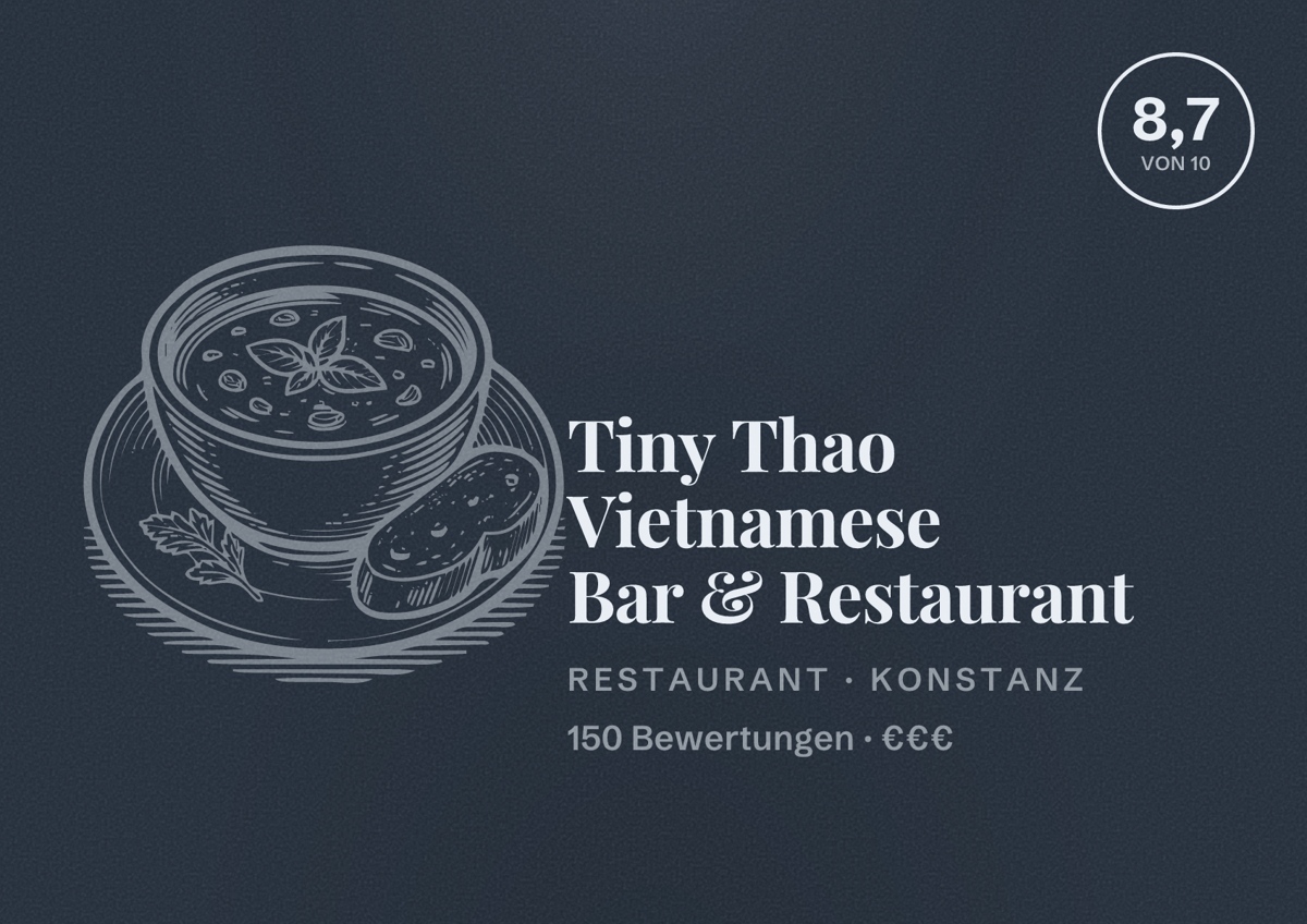 Illustriertes Poster von Tiny Thao Vietnamese Bar & Restaurant, Restaurant in Konstanz: Bewertung 8,7 von 10 aus 150 Bewertungen, Preisniveau €€€
