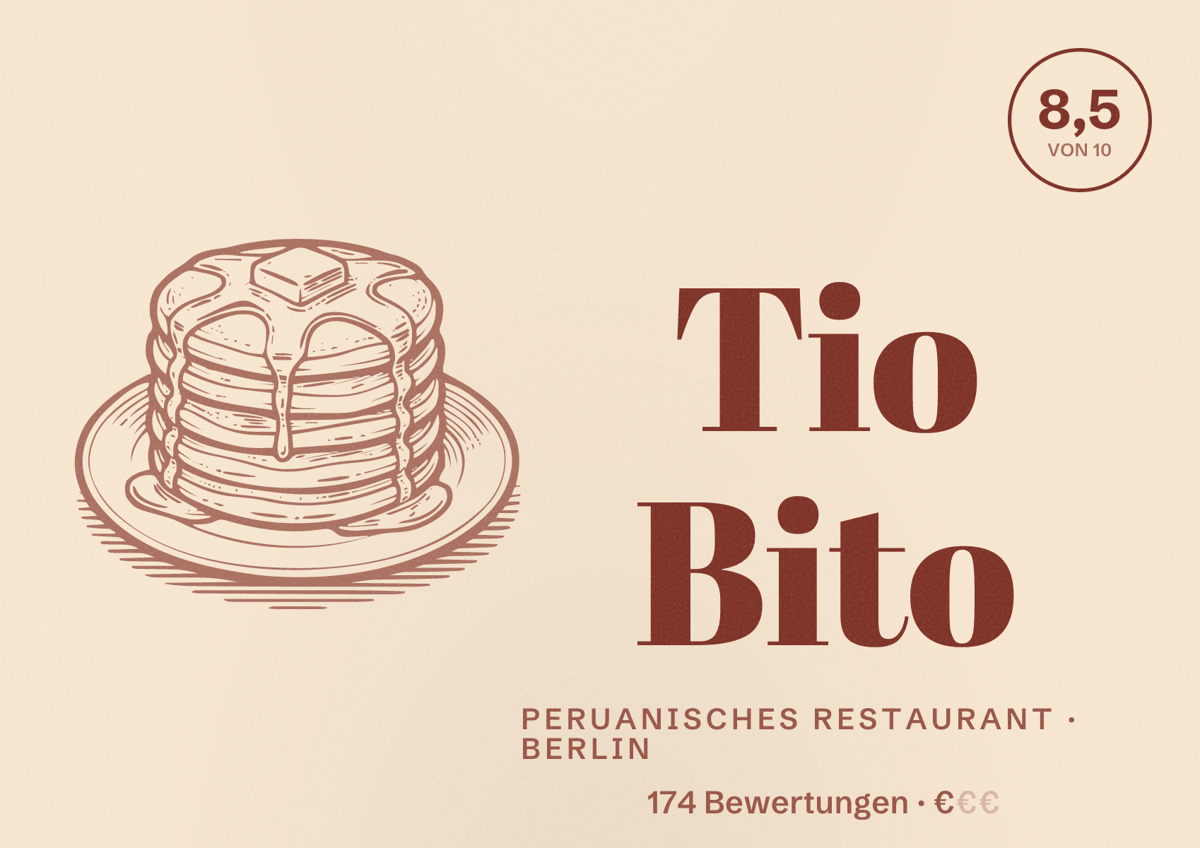 Illustriertes Poster von Tio Bito, Peruanisches Restaurant in Berlin: Bewertung 8,5 von 10 aus 174 Bewertungen, Preisniveau €