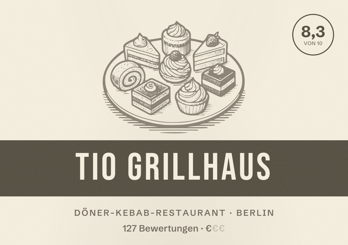 Illustriertes Poster von Tio Grillhaus, Döner-Kebab-Restaurant in Berlin: Bewertung 8,3 von 10 aus 127 Bewertungen, Preisniveau €