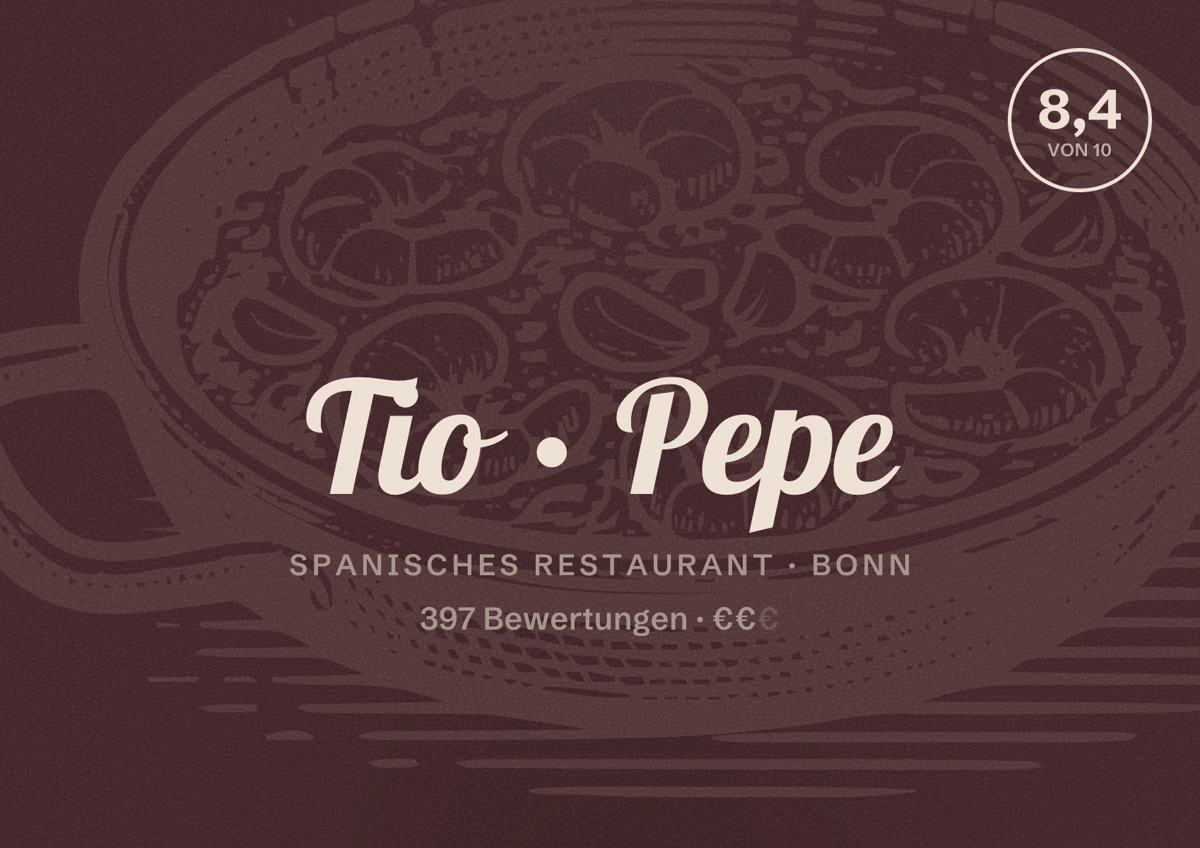 Illustriertes Poster von Tio Pepe, Spanisches Restaurant in Bonn: Bewertung 8,4 von 10 aus 397 Bewertungen, Preisniveau €€