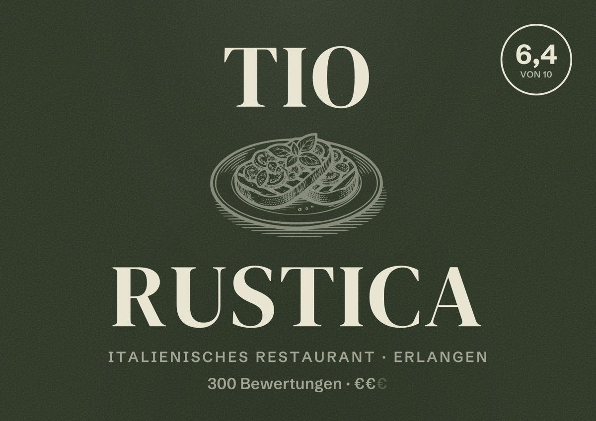 Illustriertes Poster von TIO Rustica, Italienisches Restaurant in Erlangen: Bewertung 6,4 von 10 aus 300 Bewertungen, Preisniveau €€