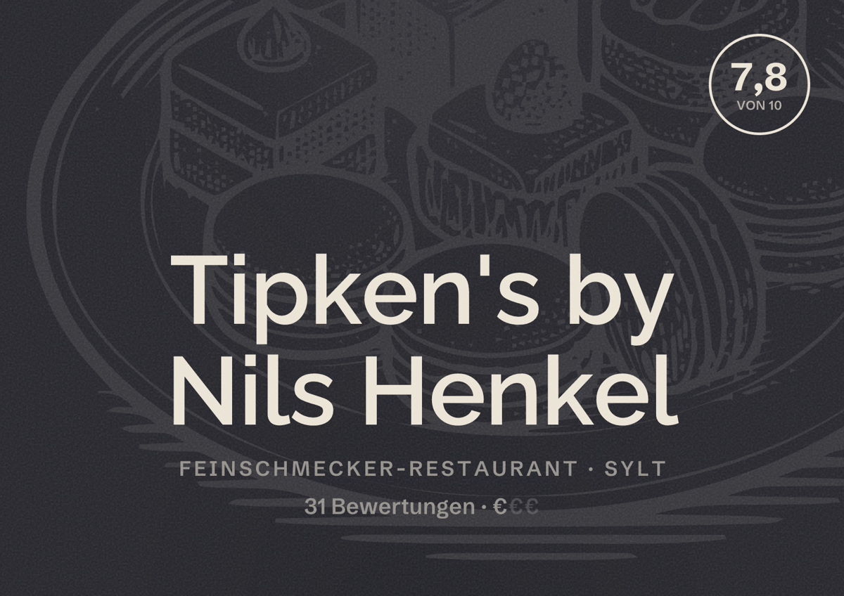 Illustriertes Poster von Tipken's by Nils Henkel, Feinschmecker-Restaurant in Sylt: Bewertung 7,8 von 10 aus 31 Bewertungen, Preisniveau €