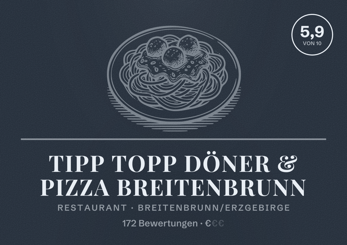 Illustriertes Poster von Tipp Topp Döner & Pizza Breitenbrunn, Restaurant in Breitenbrunn/Erzgebirge: Bewertung 5,9 von 10 aus 172 Bewertungen, Preisniveau €